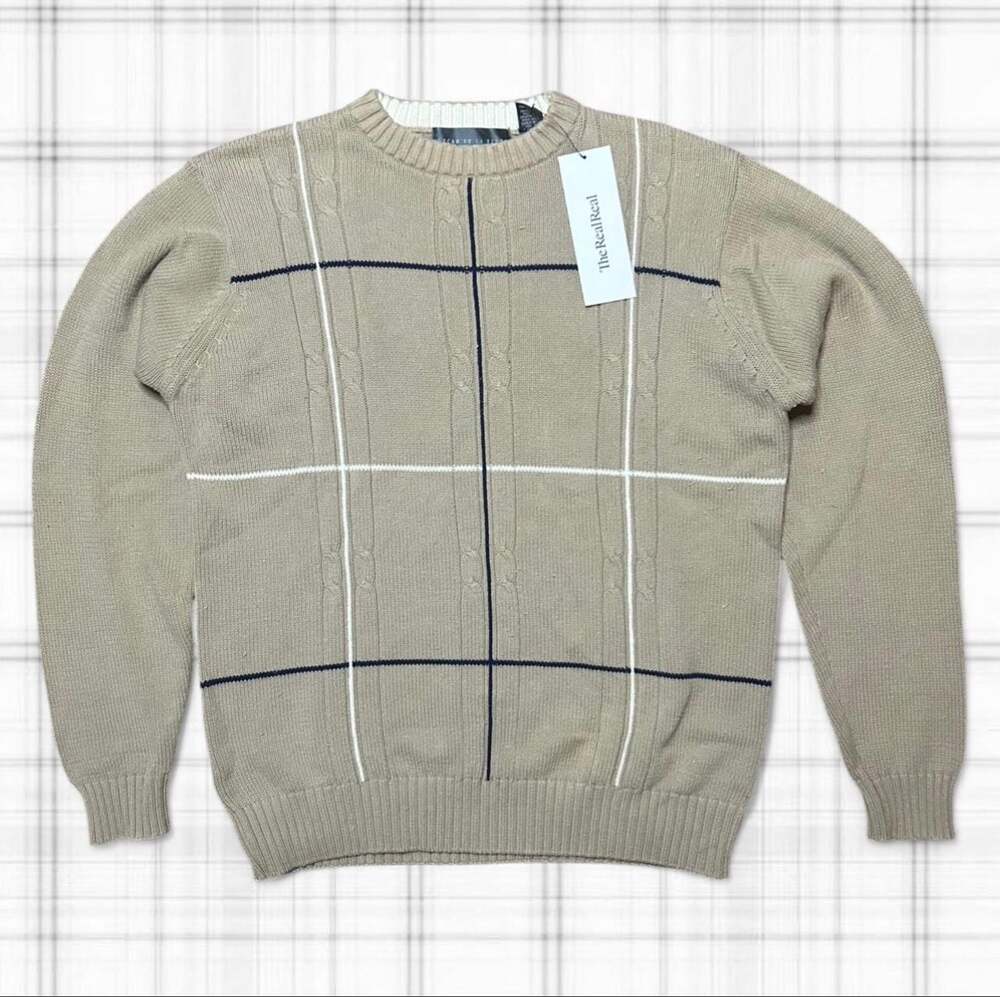 Vintage Oscar de la Renta Tan Windowpane Cable Knit Crewneck Sweater